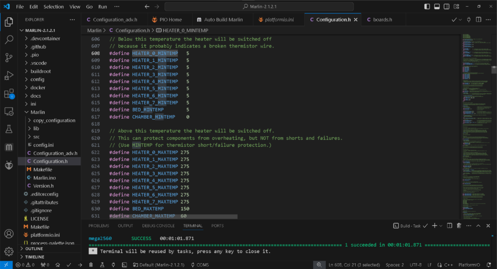 Marlin min and max temp settings.